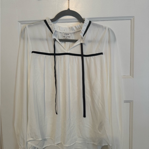 J. Crew White Long Sleeve Relaxed Blouse with Tie Front and Bib Collar - Picture 1 of 4